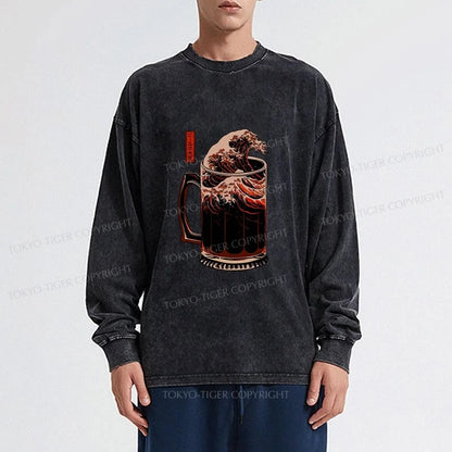 Tokyo-Tiger The Great Wave Of Beer Japanese Washed Long Sleeve T-Shirt