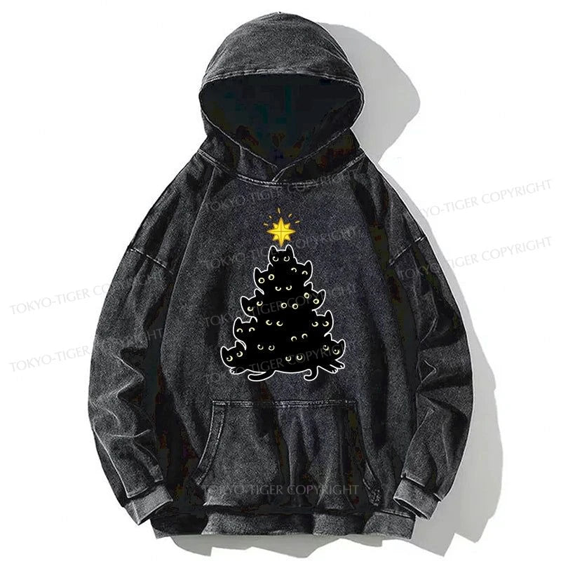 Tokyo-Tiger Black Cat Christmas Tree Washed Hoodie