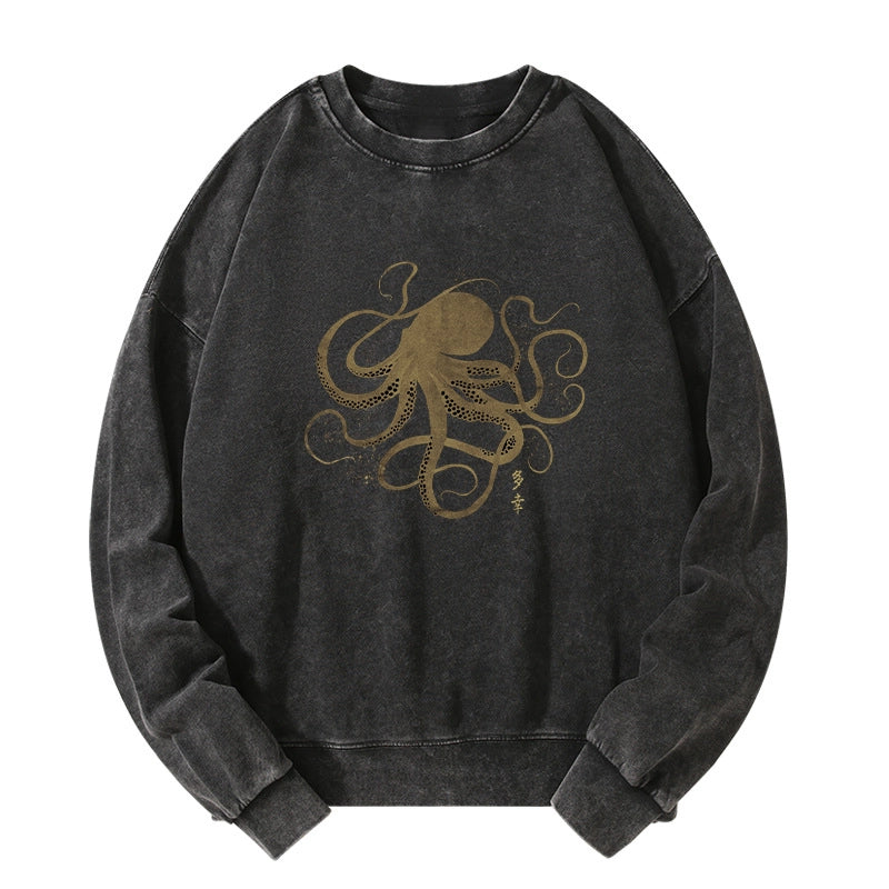 Tokyo-Tiger Octopus Japanese Gold Print Tattoo Washed Sweatshirt