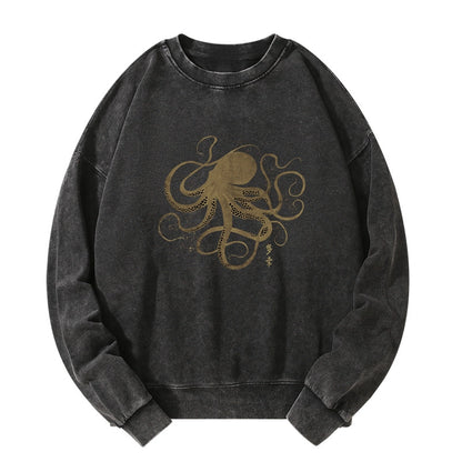 Tokyo-Tiger Octopus Japanese Gold Print Tattoo Washed Sweatshirt