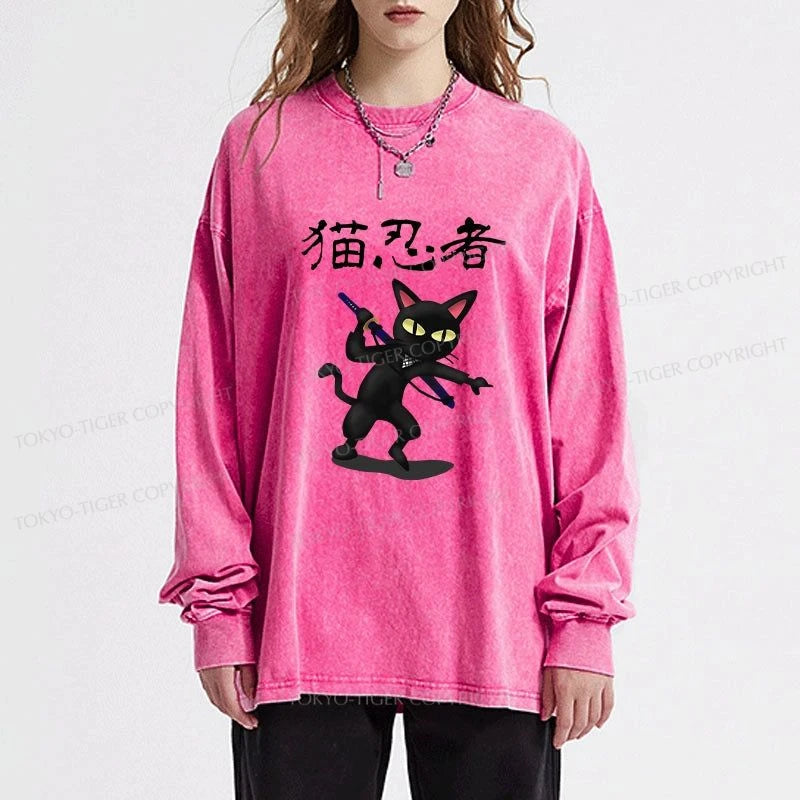 Tokyo-Tiger Ninja Cat Washed Long Sleeve T-Shirt