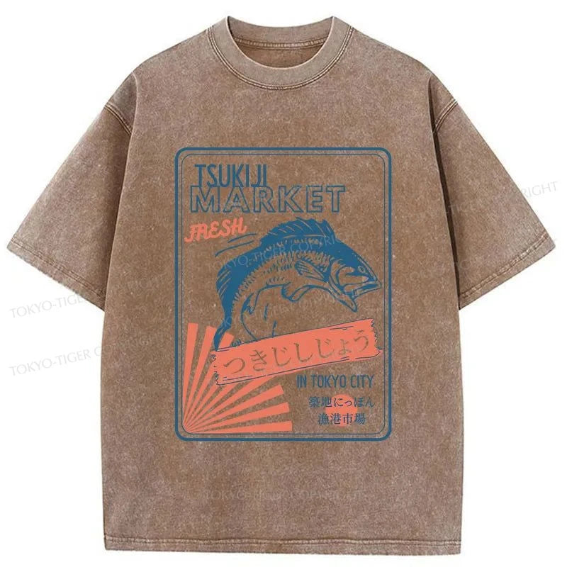 Tokyo-Tiger Tsukiji Fish Market Tokyo Japan Washed T-Shirt