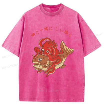 Tokyo-Tiger Octopus And Koi Dance Together Washed T-Shirt