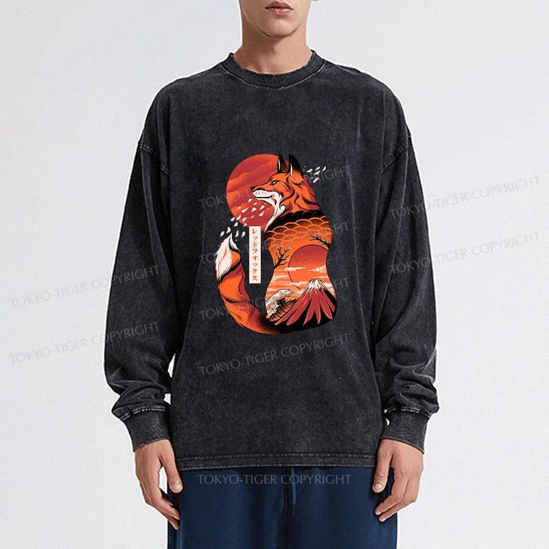 Tokyo-Tiger Japanese Fox KitsuneTattoo Washed Long Sleeve T-Shirt