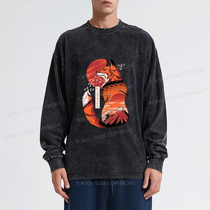 Tokyo-Tiger Japanese Fox KitsuneTattoo Washed Long Sleeve T-Shirt