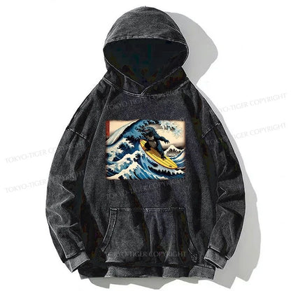 Tokyo-Tiger Dinosaur Surfing Japanese Washed Hoodie