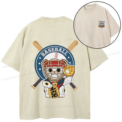 Tokyo-Tiger Janpaese Baseball Cat Front Back Washed T-Shirt