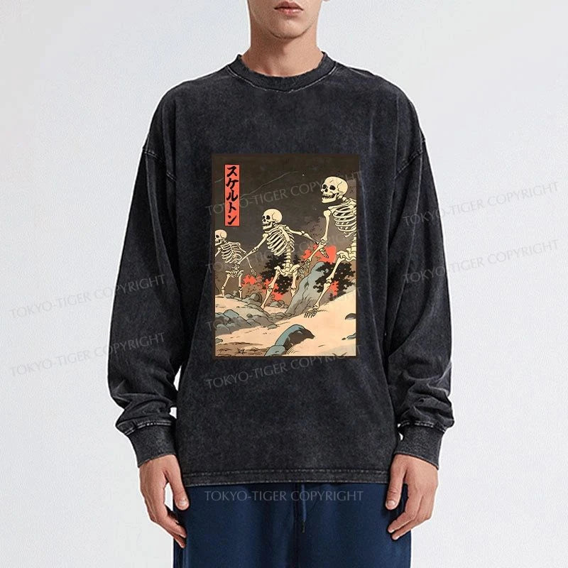 Tokyo-Tiger Japanese Rising Skeletons Washed Long Sleeve T-Shirt