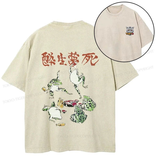 Tokyo-Tiger Japanese Frog Osake Kanji Front Back Washed T-Shirt