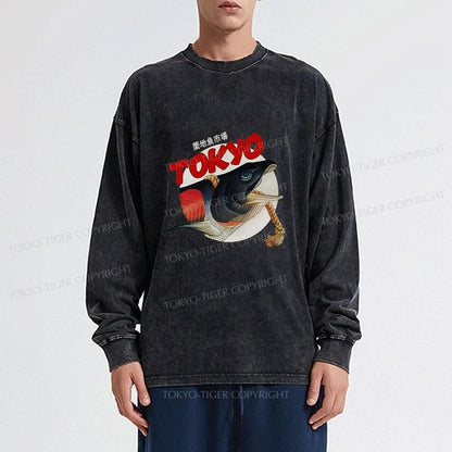 Tokyo-Tiger Vintage Japanese Tsukiji Fish Market Washed Long Sleeve T-Shirt