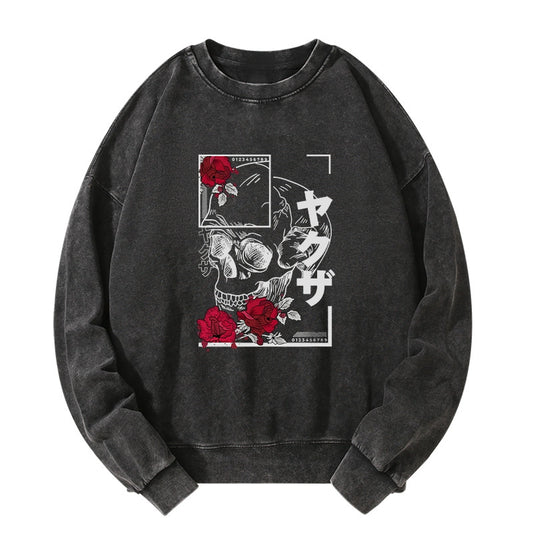 Tokyo-Tiger Skull Roses Japanese Aesthetic Washed Sweatshirt