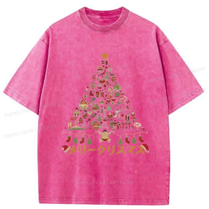 Tokyo-Tiger Japanese Christmas Tree Made Up of Icons Washed T-Shirt