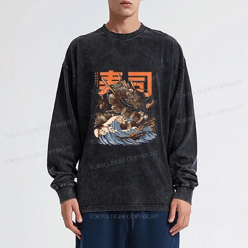 Tokyo-Tiger The Great Sushi Dragon Wave Washed Long Sleeve T-Shirt