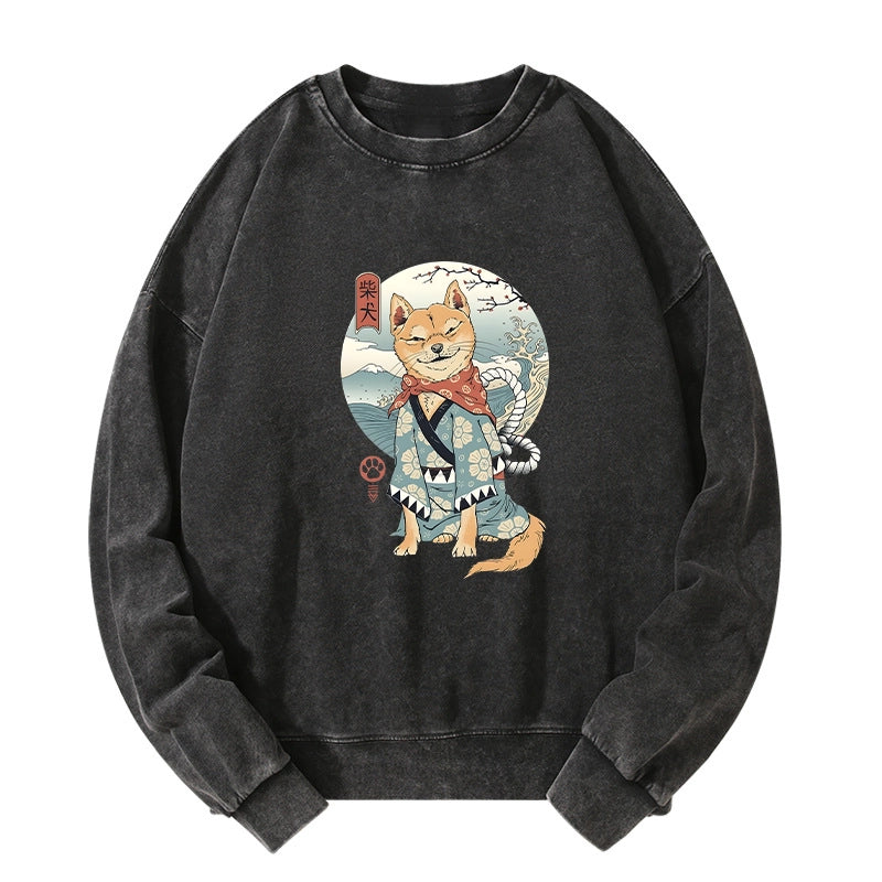 Tokyo-Tiger Samurai Shiba Dog Japanese Washed Sweatshirt