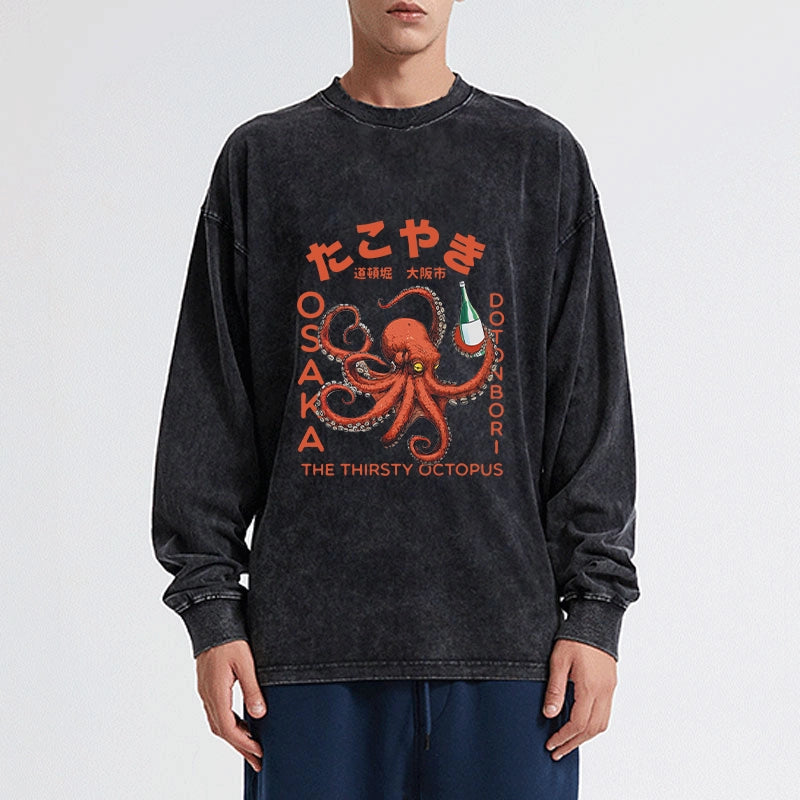 Tokyo-Tiger Octopus Drinks Soju Washed Long Sleeve T-Shirt