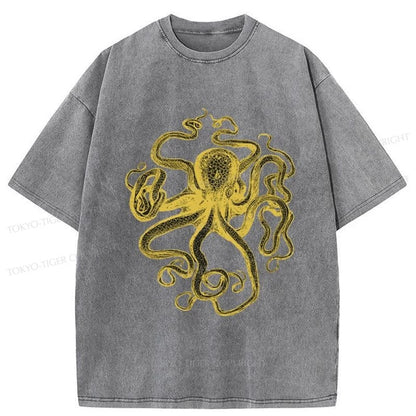 Tokyo-Tiger Golden Octopus Drawing Washed T-Shirt