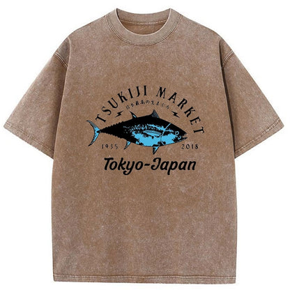 Tokyo-Tiger Tsukiji Fish Market Blue Fish Washed T-Shirt