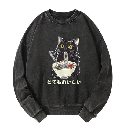 Tokyo-Tiger Cats Eat Ramen Noodles Washed Sweatshirt