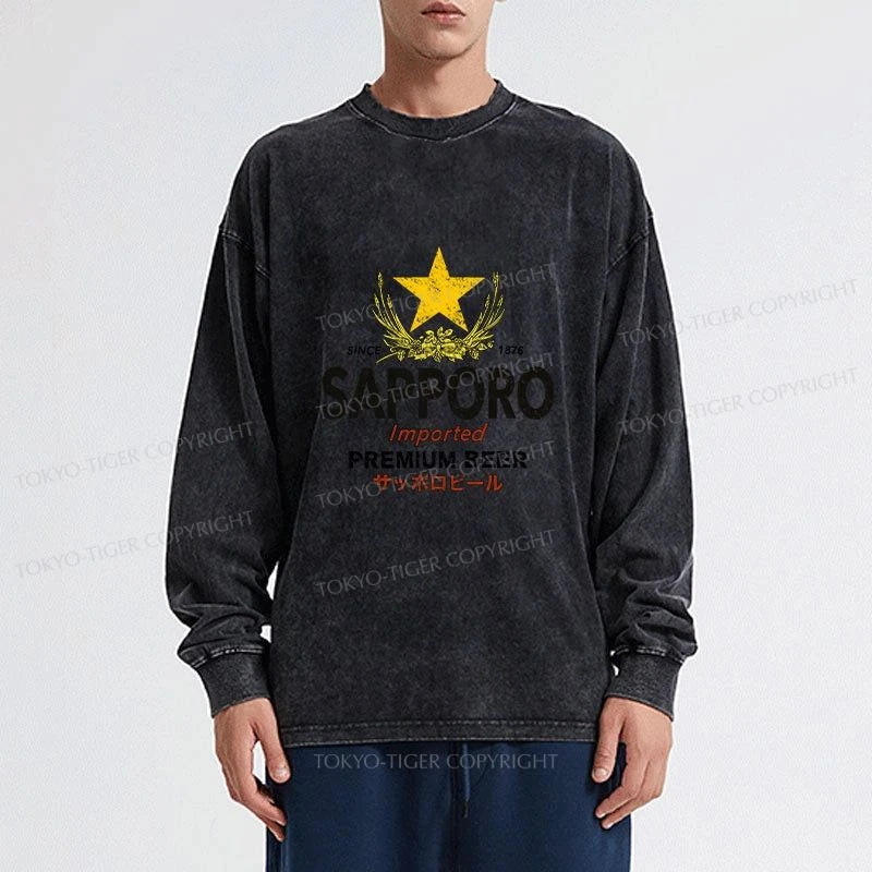 Tokyo-Tiger Sapporo Beer Star Japanese Washed Long Sleeve T-Shirt