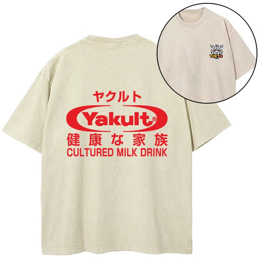 Tokyo-Tiger Yakult Logo Front Back Washed T-Shirt