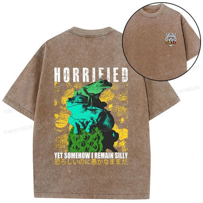 Tokyo-Tiger Horrified Two Frogs Funny Front Back Washed T-Shirt