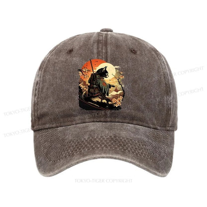 Tokyo-Tiger Cat Ninja Ukiyo-e Anime Style Samurai Washed Cap