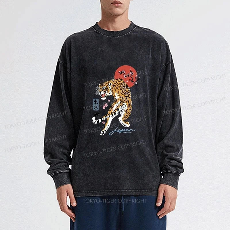 Tokyo-Tiger Tiger Blossom Japanese Sakura Washed Long Sleeve T-Shirt