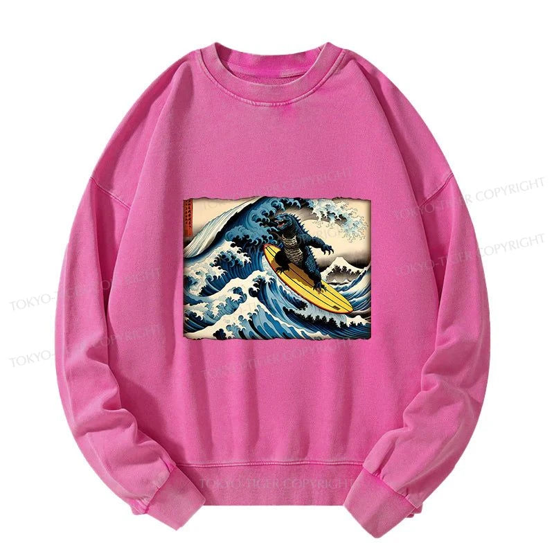 Tokyo-Tiger Dinosaur Surfing Japanese Washed Sweatshirt