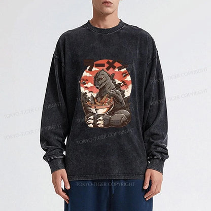 Tokyo-Tiger Ramen Monster Japanese Washed Long Sleeve T-Shirt