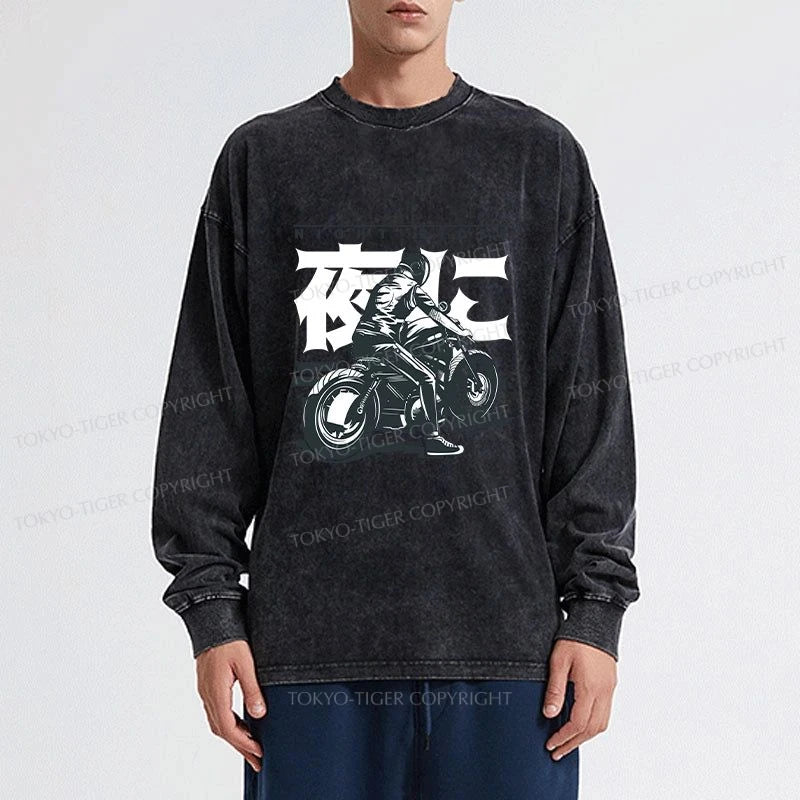 Tokyo-Tiger Motorcyclist Japanese Night Rider Washed Long Sleeve T-Shirt