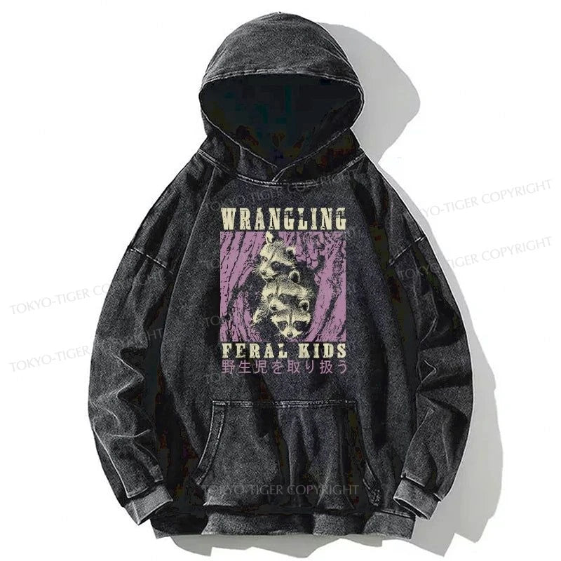 Tokyo-Tiger Wrangling Feral Raccoon Kids Washed Hoodie