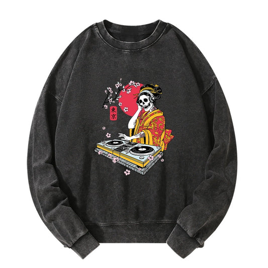 Tokyo-Tiger Japanese Geisha DJ Skull Washed Sweatshirt