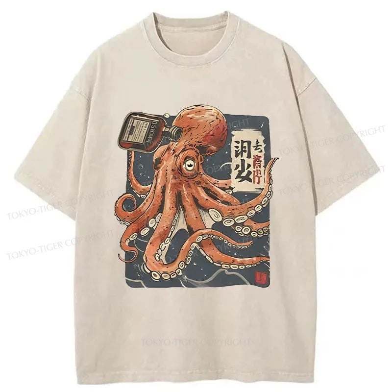 Tokyo-Tiger Octopus Drink Washed T-Shirt