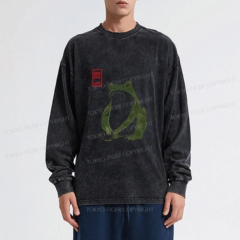 Tokyo-Tiger Woodblock Print Frog Washed Long Sleeve T-Shirt