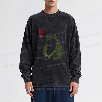 Tokyo-Tiger Woodblock Print Frog Washed Long Sleeve T-Shirt