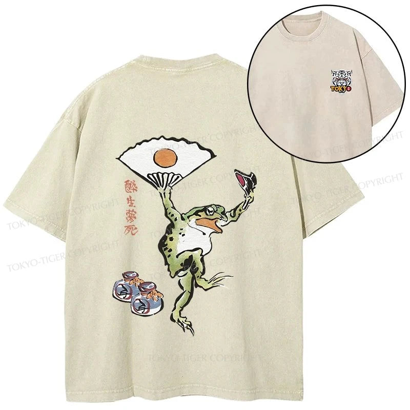 Tokyo-Tiger Dancing Frog Japanese Front Back Washed T-Shirt