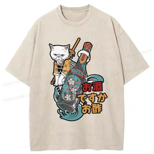 Tokyo-Tiger Cat And Wine Washed T-Shirt