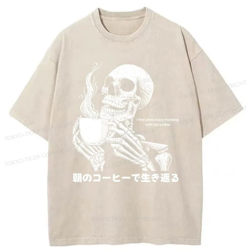 Tokyo-Tiger Skeleton Drinking Coffee Washed T-Shirt