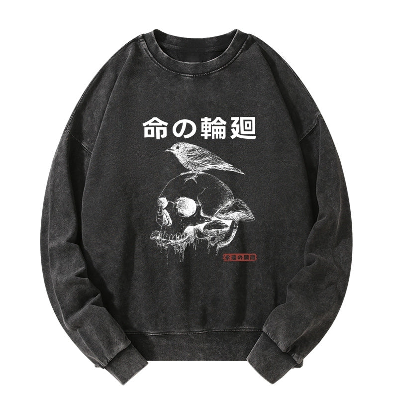 Tokyo-Tiger Mushroom Skull Manga Horror Print Washed Sweatshirt