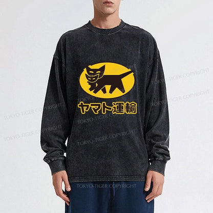 Tokyo-Tiger Black Cat Transport Pattern Japan Washed Long Sleeve T-Shirt