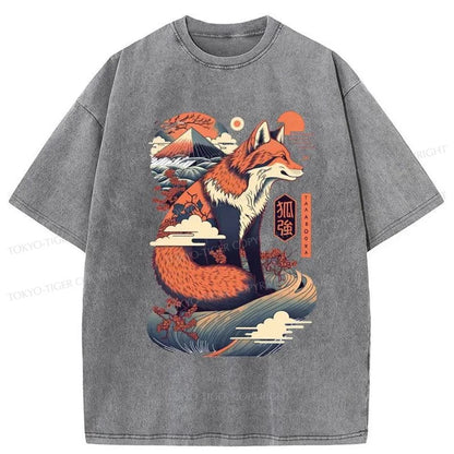 Tokyo-Tiger Japanese Kitsune Fox Wave Washed T-Shirt