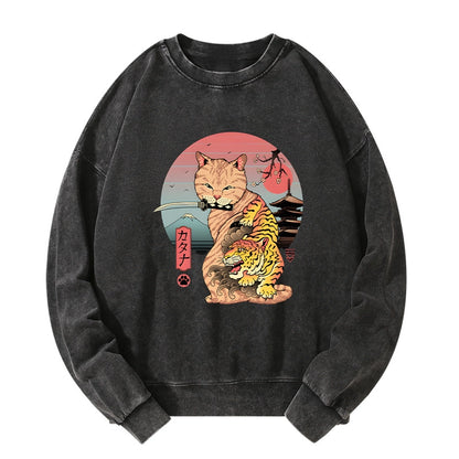 Tokyo-Tiger Katana Cat Tattoo Washed Sweatshirt