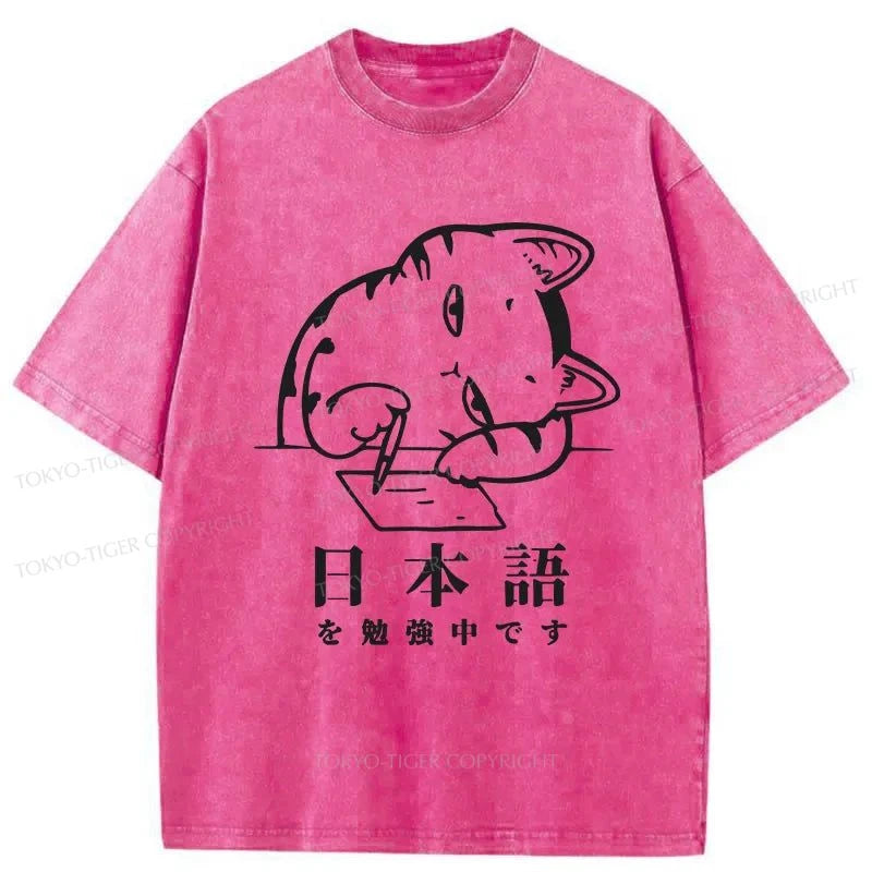 Tokyo-Tiger Cat Learns Japanese Washed T-Shirt