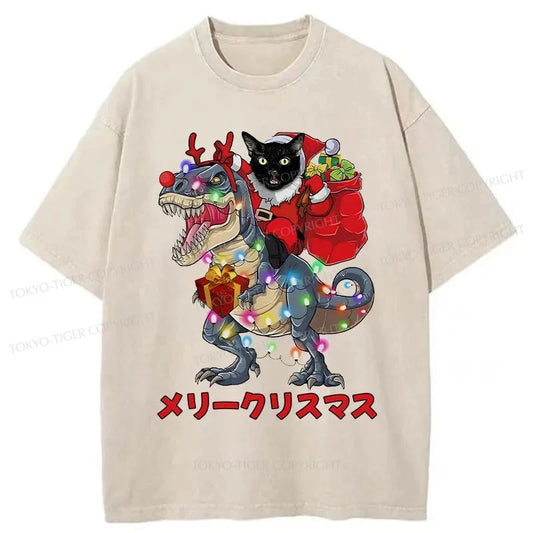 Tokyo-Tiger Cat Riding Dinosaur Christmas Washed T-Shirt