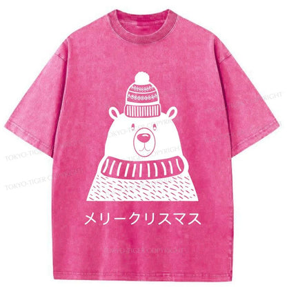 Tokyo-Tiger Cute Christmas White Bear Washed T-Shirt