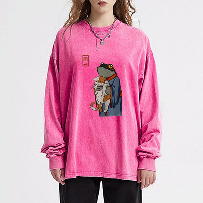 Tokyo-Tiger The Frog Holds The Cat Washed Long Sleeve T-Shirt