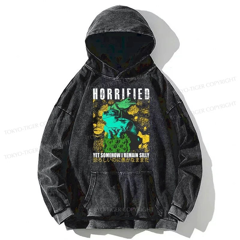 Tokyo-Tiger Horrified Two Frogs Funny Washed Hoodie