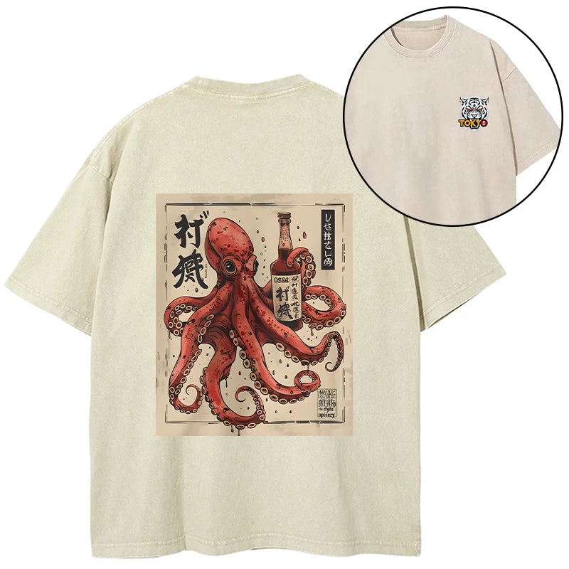 Tokyo-Tiger Osaka Saké Octopus Front Back Washed T-Shirt