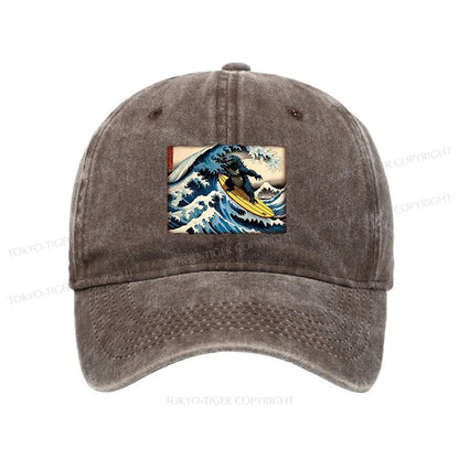 Tokyo-Tiger Dinosaur Surfing Japanese Washed Cap