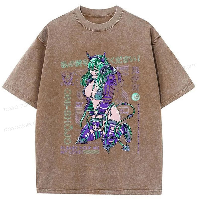 Tokyo-Tiger Yokai Oni Girl Washed T-Shirt